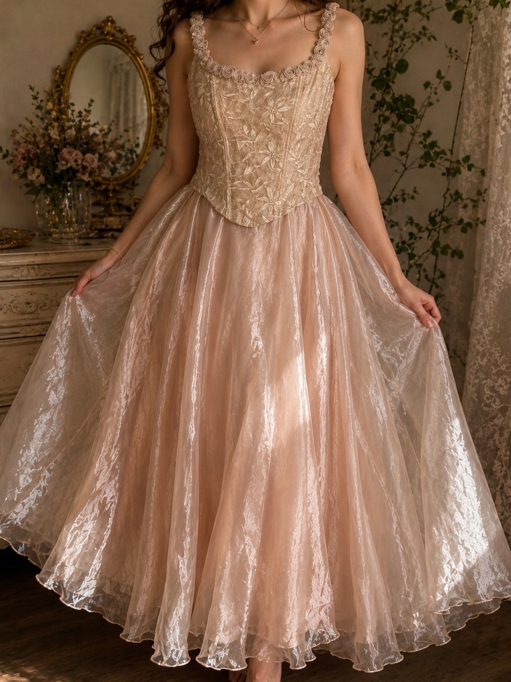 Vintage Fairycore Embroidered Organza Corset Dress Cottagecore